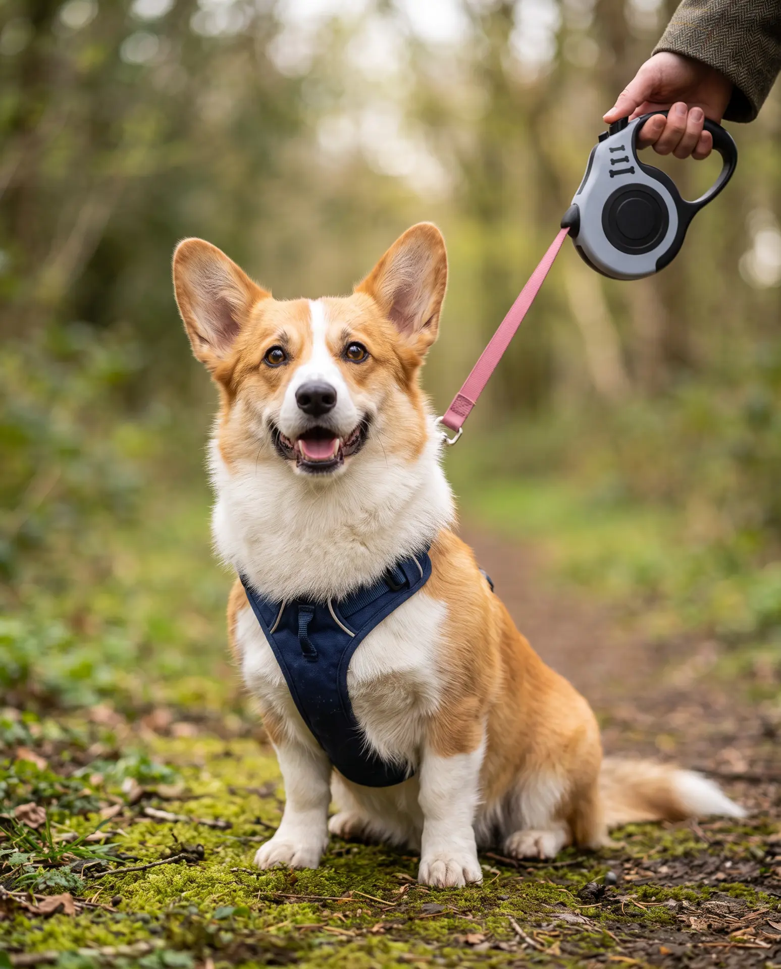 Corgi wearing a navy harness attached to a retractable lead on a woodland path