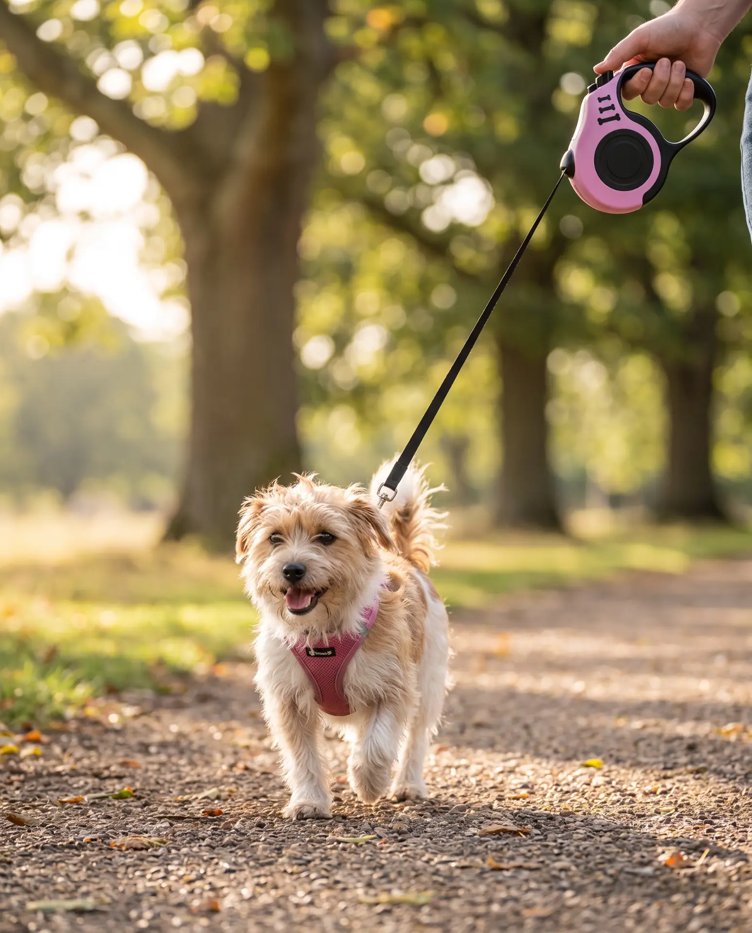 Small shaggy dog wearing a pink harness on a retractable lead in a sunny park