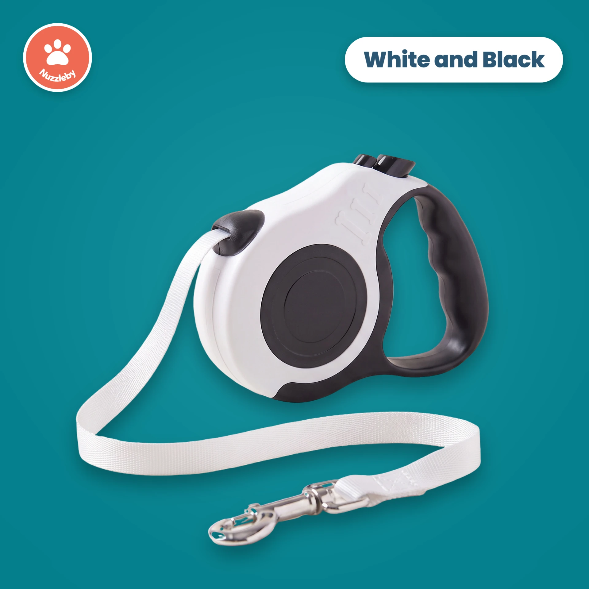 Nuzzleby retractable dog leash in White and Black, with nylon lead and metal clip