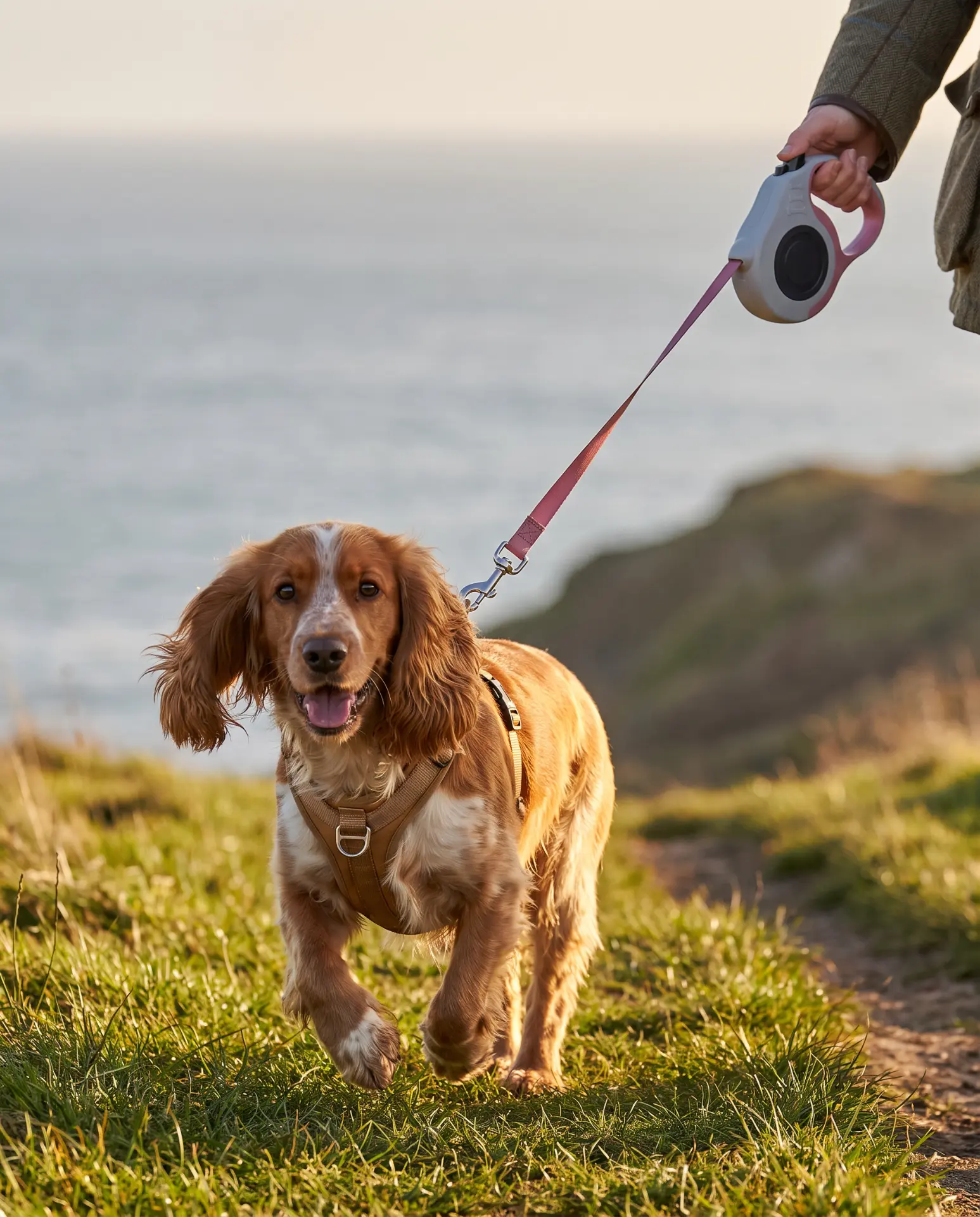 Cocker spaniel in a harness walking on a retractable lead beside the sea
