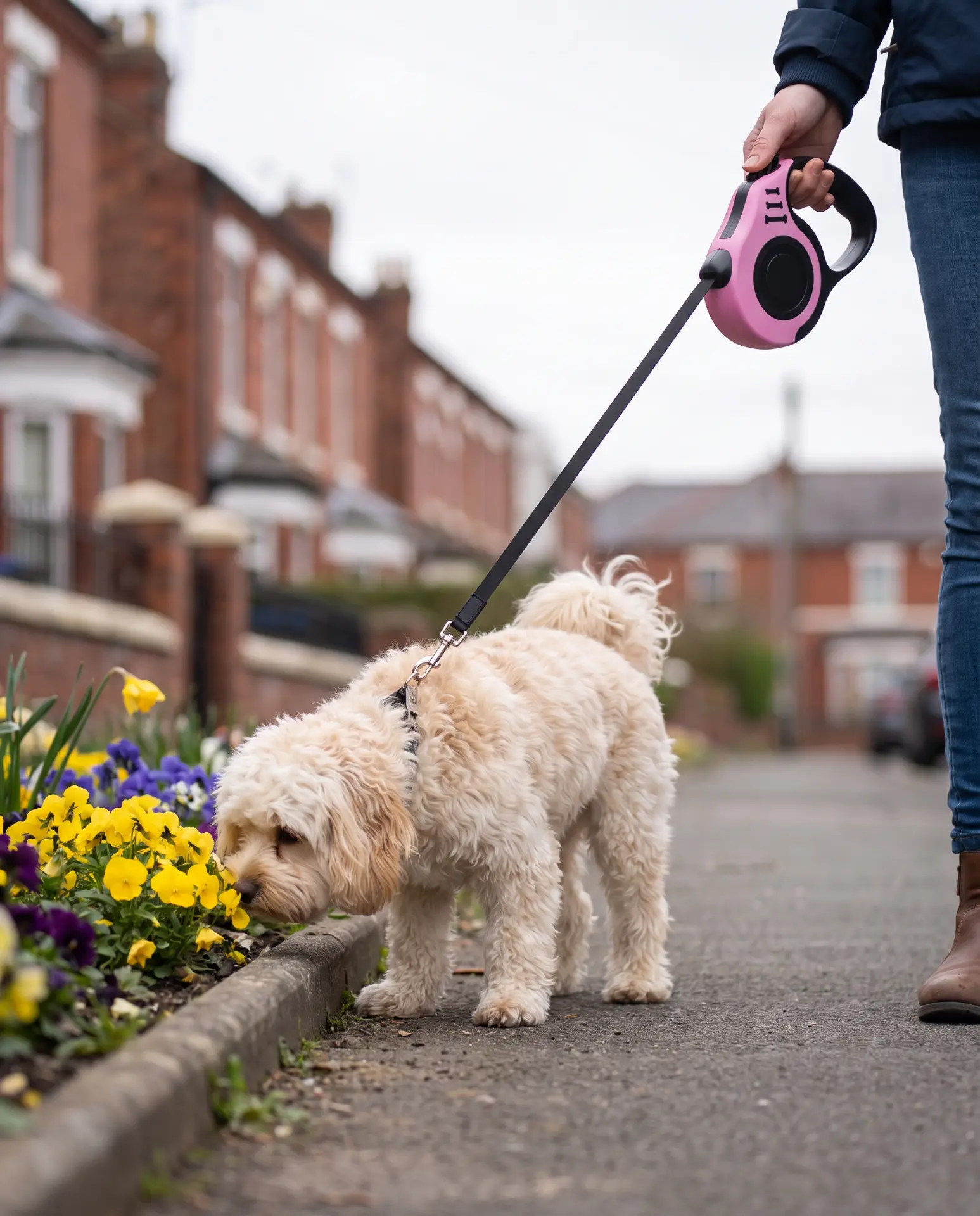 Small cream-coloured dog sniffing flowers beside a pavement on a pink retractable lead