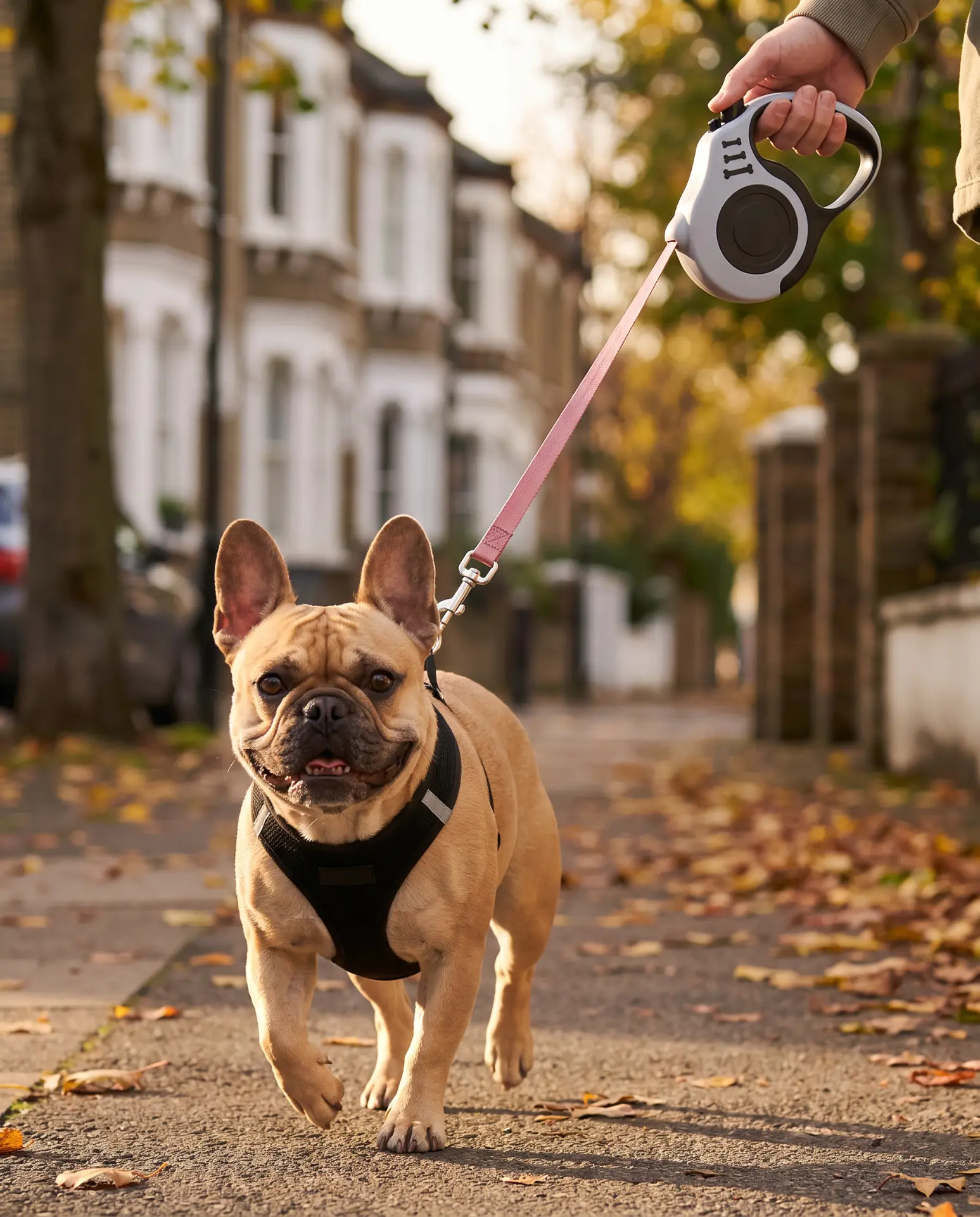 French bulldog in a black harness walking on a retractable lead along an autumn pavement